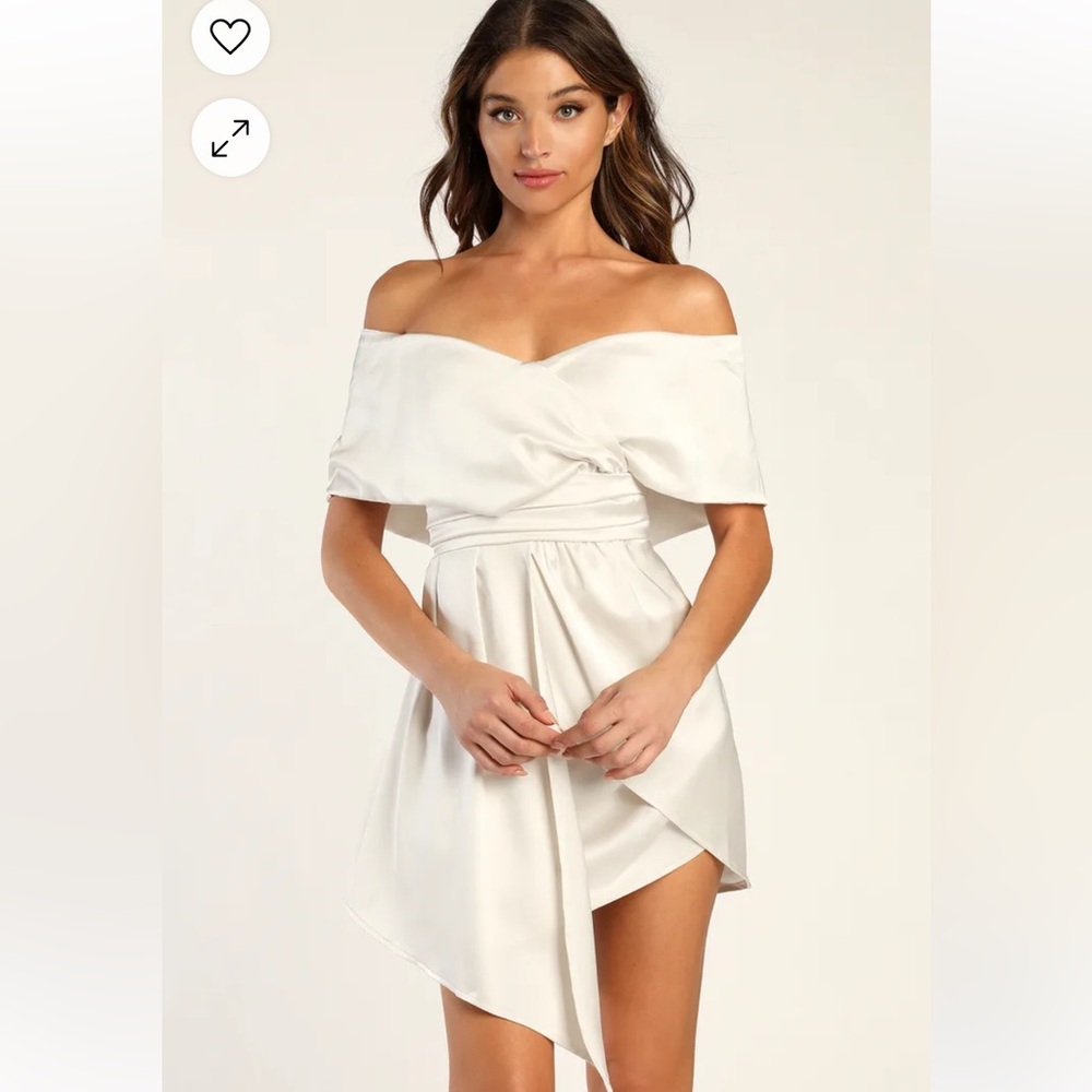 Lulu’s Ivory Satin Off-the-Shoulder Mini Dress Small